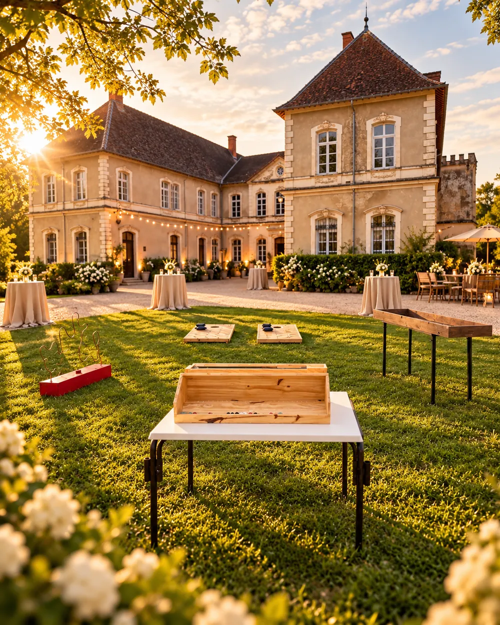 Jeux en bois XXL Events Loc’ installés dans le parc d’un domaine lors d’un mariage