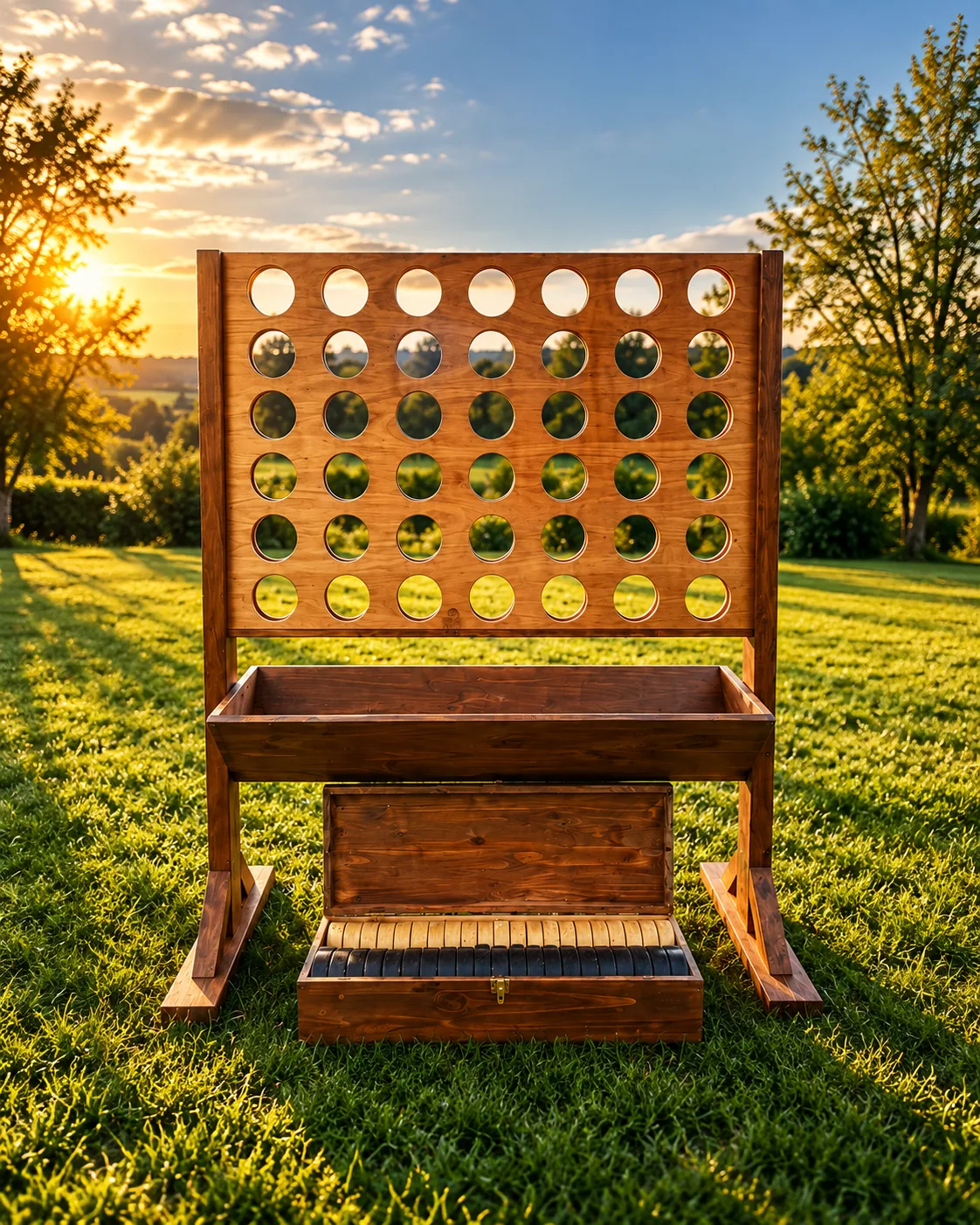 Puissance 4 XXL en bois Events Loc’ dans un jardin