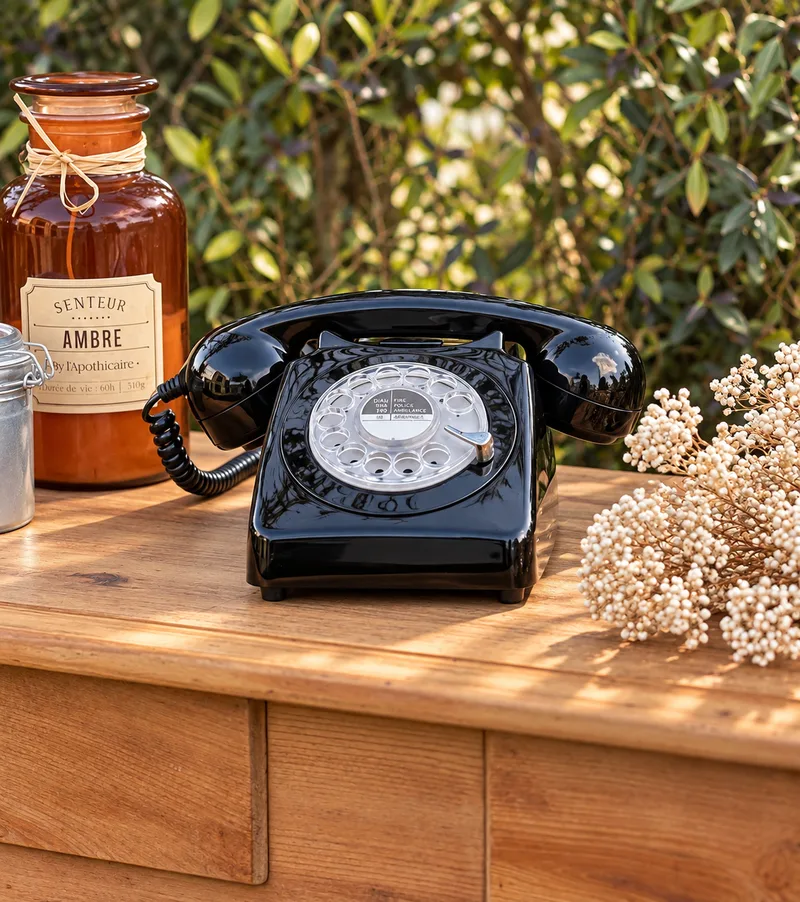 Livre d’or audio Events Loc’ : téléphone rétro posé sur une table en bois