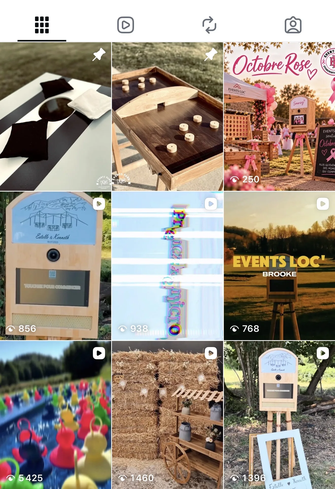 Capture du compte Instagram Events Loc’ @eventsloc_ : grille des dernières publications